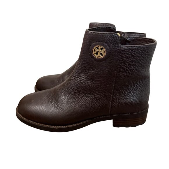 Tory Burch Dark Brown Classic Junction Pebbled Leather Ankle Bootie Womens 8 - Picture 1 of 8